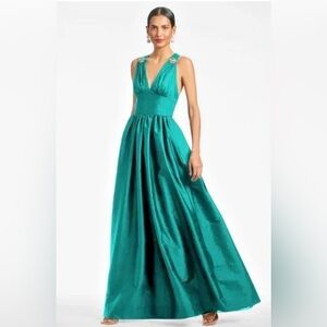 Sachin + Babi Teal V-Neck Satin Maxi Gown